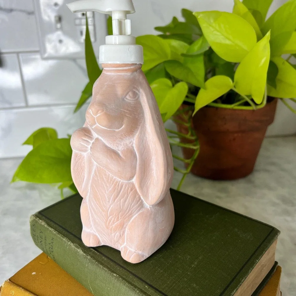 Vintage Terracotta Bunny Soap Dispenser 1990s Pink Rabbit Bathroom Decor